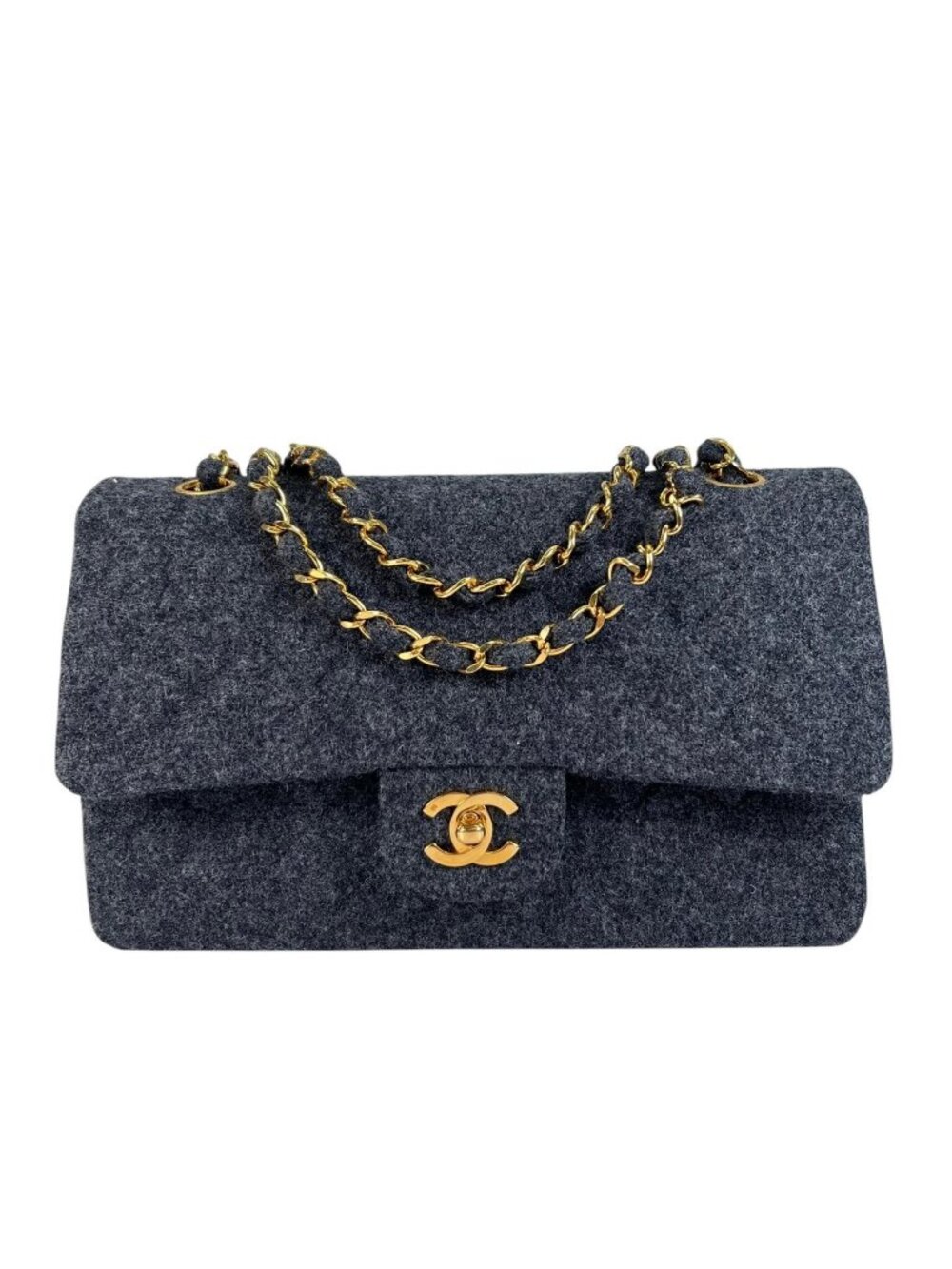 Chanel Quilted Shoulder Bag Wool Gray Double Flap Chain CC Logo